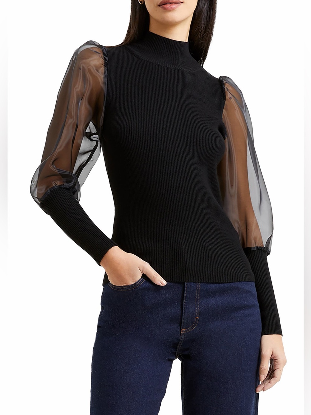 NWT French Connection Krista Organza Contrast Mock Neck Sweater in Black Medium
